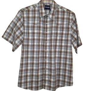 Wrangler Mens Plaid Short Sleeve Western Pearl Snap Shirt XL Brown Blue Yellow